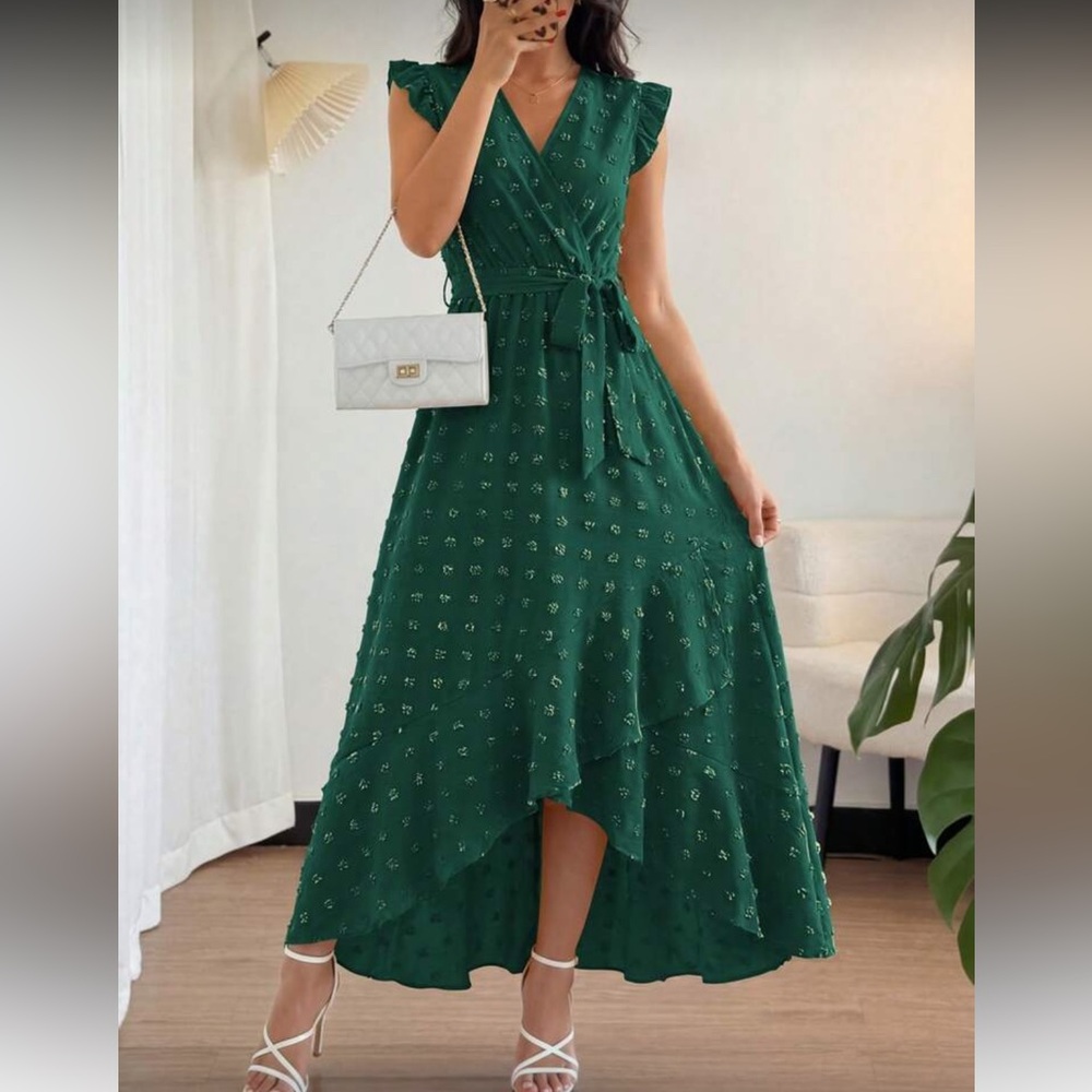 Elegant Green High-Low Midi Dress with Tie Waist